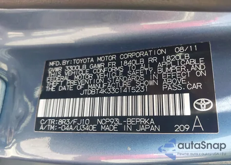 2012 Toyota Yaris из США, поврежденный, VIN JTDBT4K33C1415231